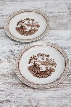 vintage brown transferware white ironstone china salad plates, Du Barry French country pattern 