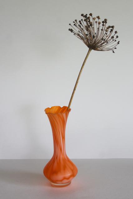 photo of vintage bud vase, tangerine orange & white spatter art glass, satin frosted glass #2