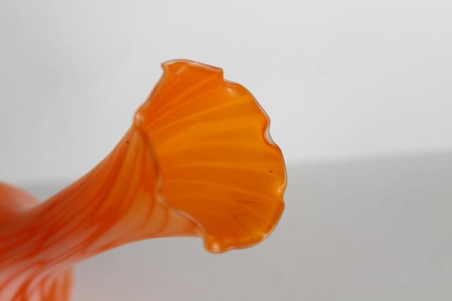 photo of vintage bud vase, tangerine orange & white spatter art glass, satin frosted glass #3