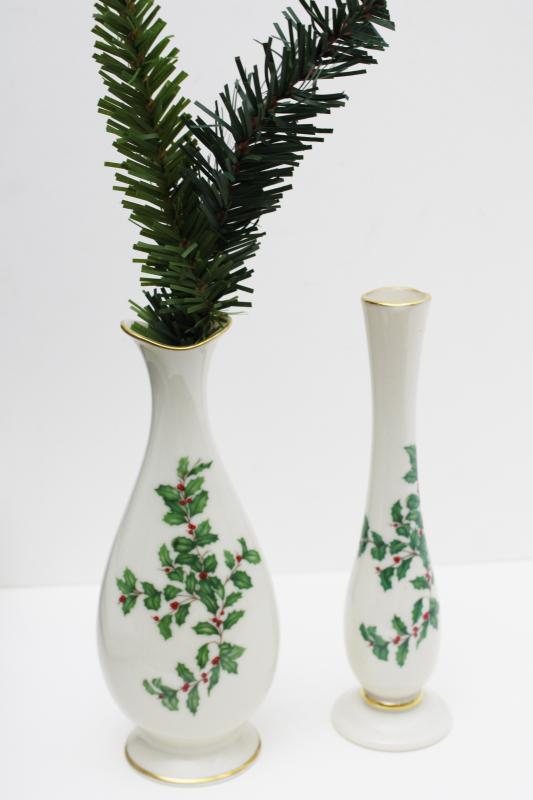 photo of vintage bud vases Lenox holiday green & red holly pattern china, ivory w/ gold #1