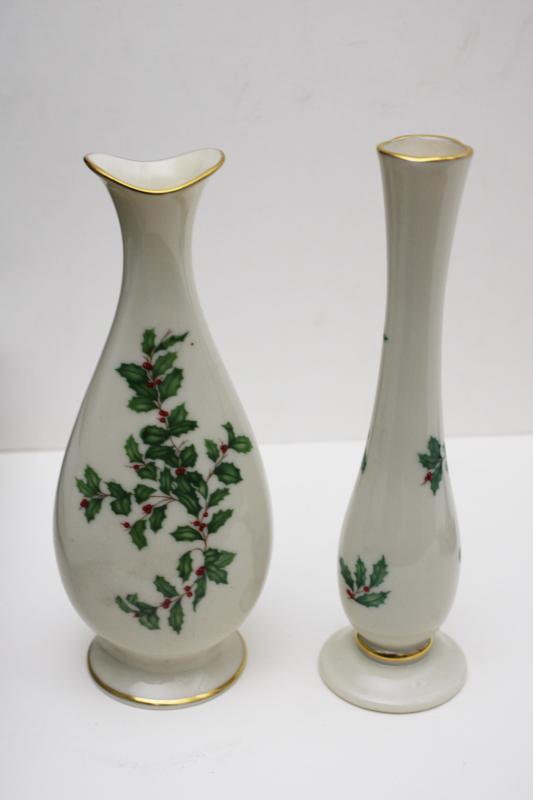 photo of vintage bud vases Lenox holiday green & red holly pattern china, ivory w/ gold #3