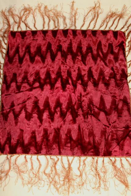 photo of vintage burgundy wine crushed velvet table cover cloth w/ long silky fringe, bohemian style #1