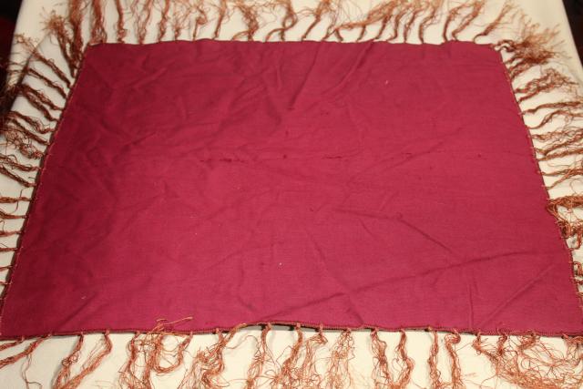 photo of vintage burgundy wine crushed velvet table cover cloth w/ long silky fringe, bohemian style #2