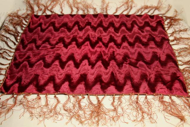 photo of vintage burgundy wine crushed velvet table cover cloth w/ long silky fringe, bohemian style #3