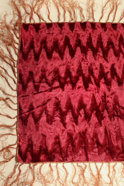 photo of vintage burgundy wine crushed velvet table cover cloth w/ long silky fringe, bohemian style #4