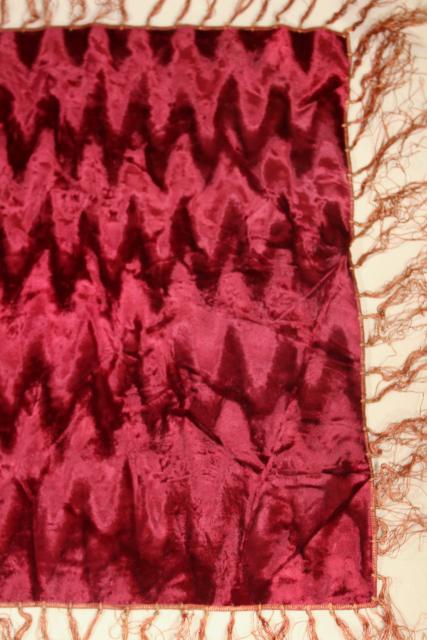 photo of vintage burgundy wine crushed velvet table cover cloth w/ long silky fringe, bohemian style #6