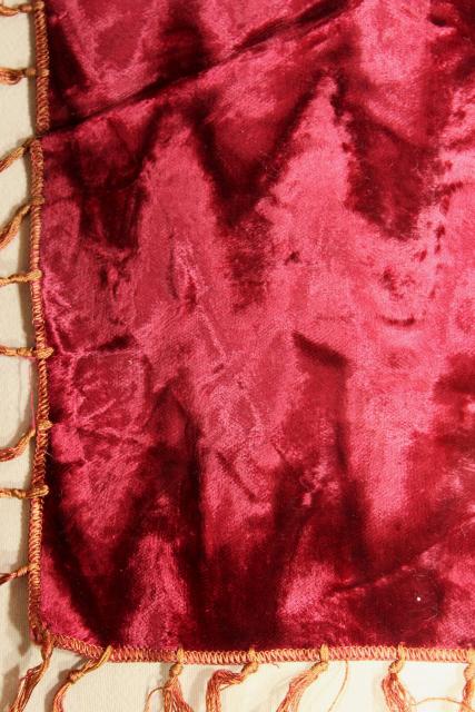 photo of vintage burgundy wine crushed velvet table cover cloth w/ long silky fringe, bohemian style #7