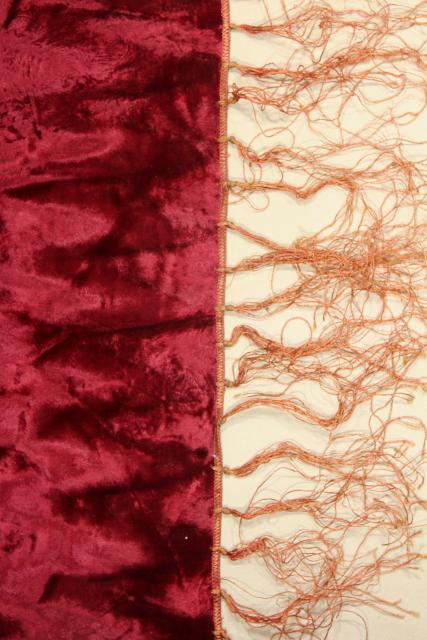 photo of vintage burgundy wine crushed velvet table cover cloth w/ long silky fringe, bohemian style #8