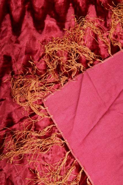 photo of vintage burgundy wine crushed velvet table cover cloth w/ long silky fringe, bohemian style #10