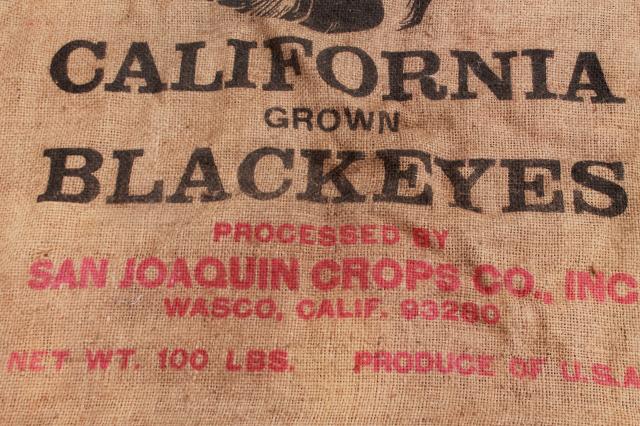 photo of vintage burlap bag, blackeyed peas sack w/ Blackeye Beauty girl graphics #3