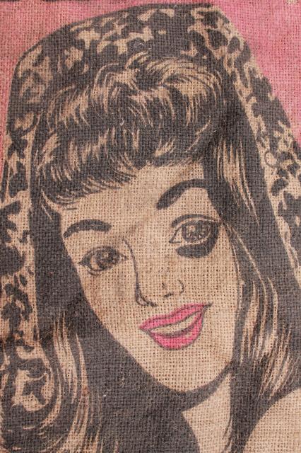 photo of vintage burlap bag, blackeyed peas sack w/ Blackeye Beauty girl graphics #7