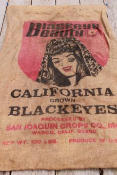 catalog photo of vintage burlap bag, blackeyed peas sack w/ Blackeye Beauty girl graphics