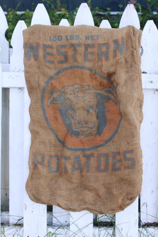 photo of vintage burlap bag potato sack w/ print graphics Hereford cattle Western Potatoes #1