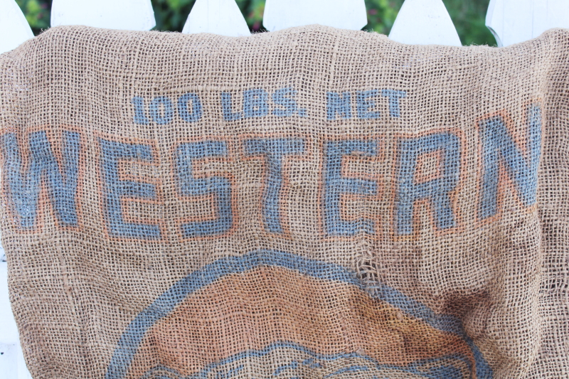 photo of vintage burlap bag potato sack w/ print graphics Hereford cattle Western Potatoes #2