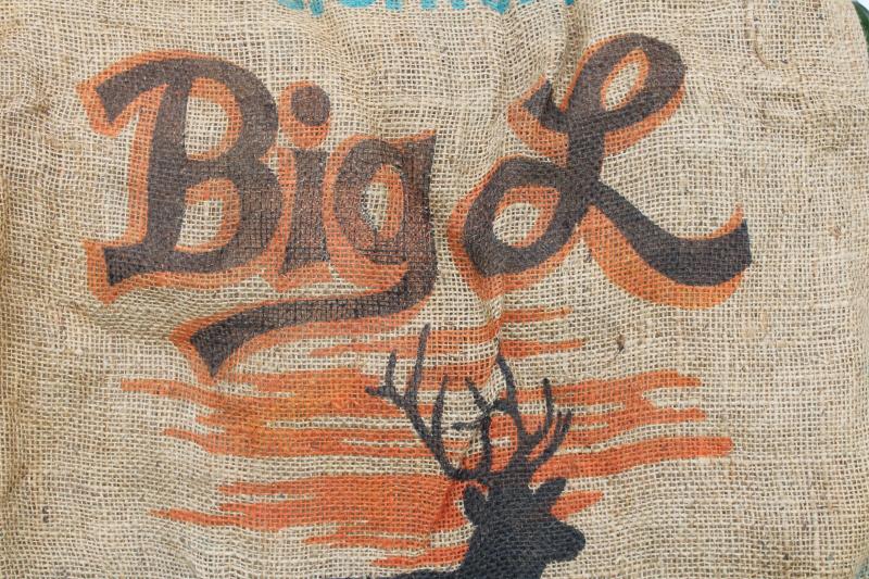 photo of vintage burlap bag potato sacks w/ print graphics Big L buck deer silhouette #3