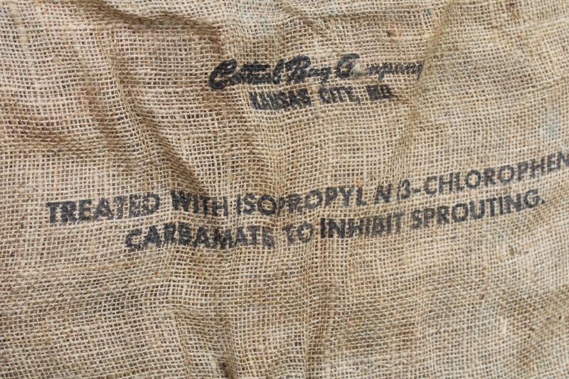 photo of vintage burlap bag potato sacks w/ print graphics Big L buck deer silhouette #4