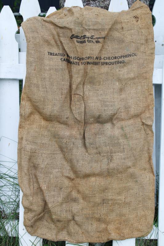 photo of vintage burlap bag potato sacks w/ print graphics Big L buck deer silhouette #5