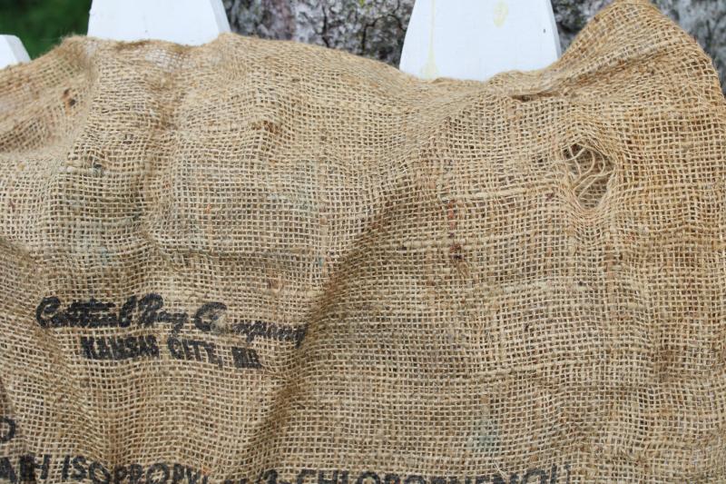 photo of vintage burlap bag potato sacks w/ print graphics Big L buck deer silhouette #6