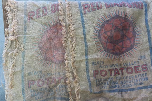 photo of vintage burlap bags, lot of old potato sacks w/ printed advertising graphics #3