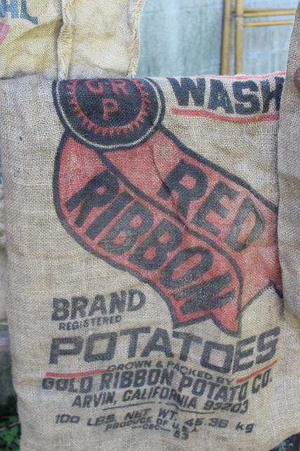 photo of vintage burlap bags, lot of old potato sacks w/ printed advertising graphics #6