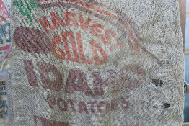 photo of vintage burlap bags, lot of old potato sacks w/ printed advertising graphics #7