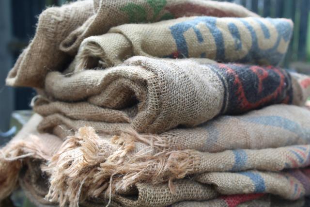 photo of vintage burlap bags, lot of old potato sacks w/ printed advertising graphics #9