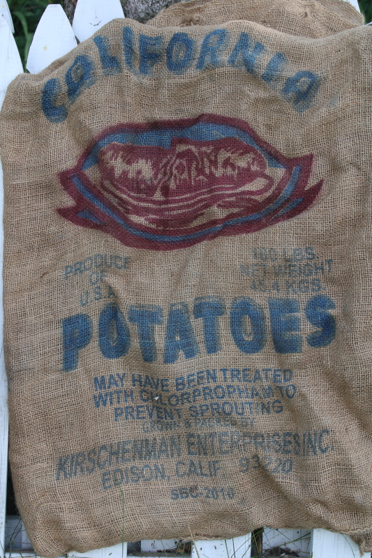 photo of vintage burlap bags, mixed lot old potato sacks w/ colorful farm print graphics #6