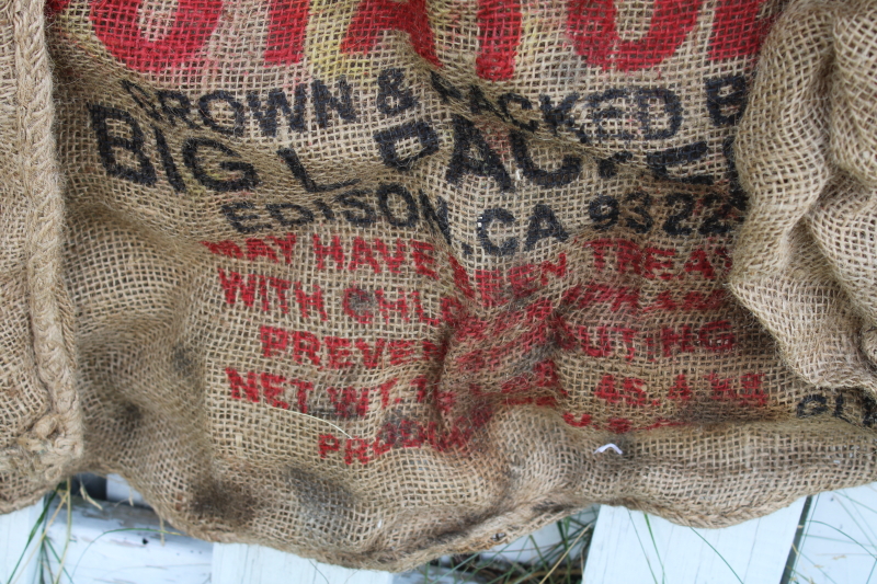 photo of vintage burlap bags, mixed lot old potato sacks w/ colorful farm print graphics #8