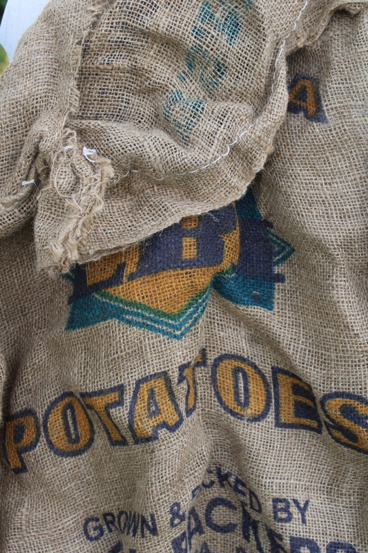 photo of vintage burlap bags, mixed lot old potato sacks w/ colorful farm print graphics #11
