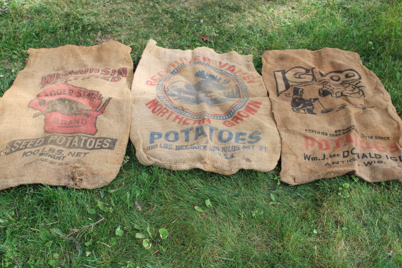 photo of vintage burlap bags, mixed lot old potato sacks w/ farm labels, print graphics #1