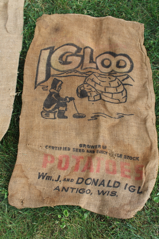 photo of vintage burlap bags, mixed lot old potato sacks w/ farm labels, print graphics #2