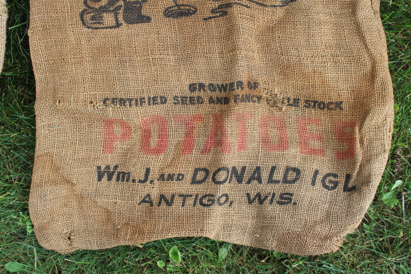 photo of vintage burlap bags, mixed lot old potato sacks w/ farm labels, print graphics #4