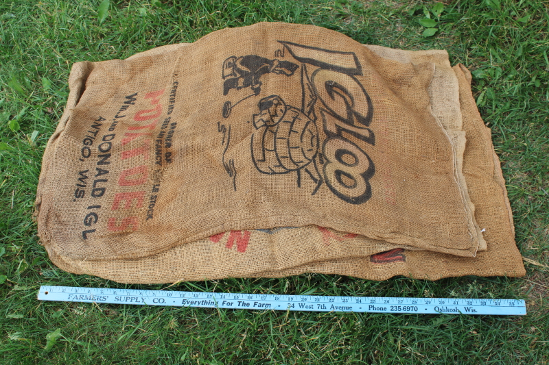 photo of vintage burlap bags, mixed lot old potato sacks w/ farm labels, print graphics #7