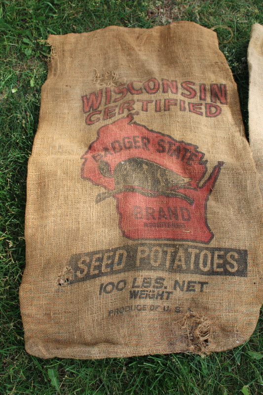 photo of vintage burlap bags, mixed lot old potato sacks w/ farm labels, print graphics #8