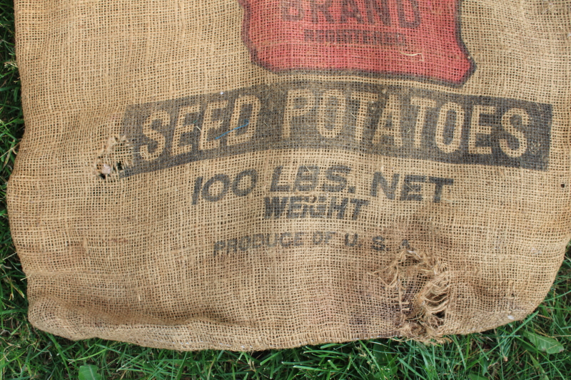 photo of vintage burlap bags, mixed lot old potato sacks w/ farm labels, print graphics #9