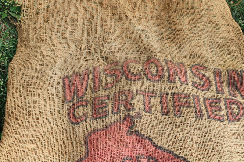 photo of vintage burlap bags, mixed lot old potato sacks w/ farm labels, print graphics #10