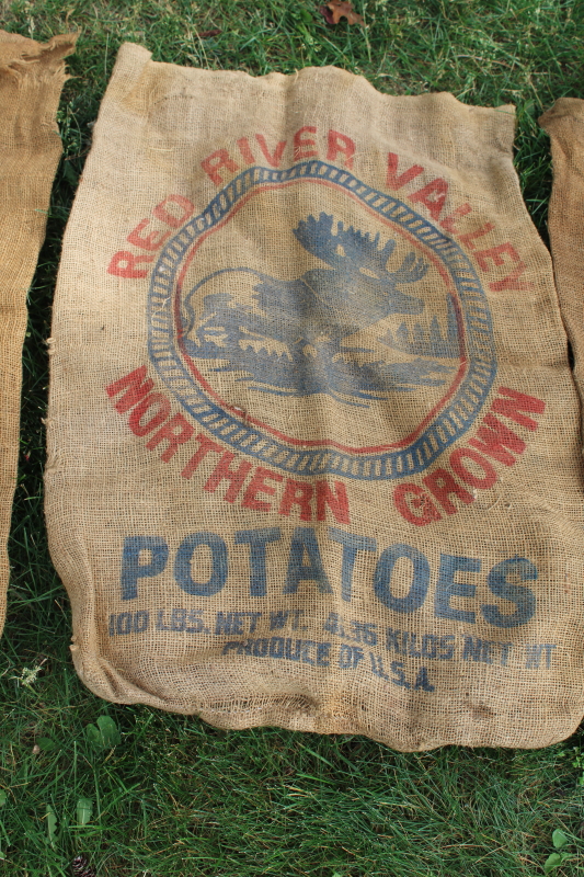 photo of vintage burlap bags, mixed lot old potato sacks w/ farm labels, print graphics #12