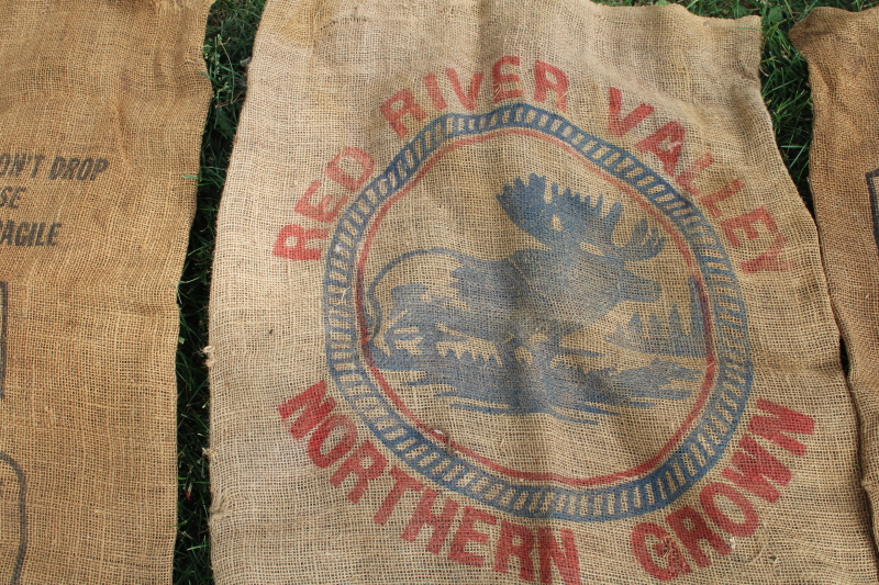 photo of vintage burlap bags, mixed lot old potato sacks w/ farm labels, print graphics #13