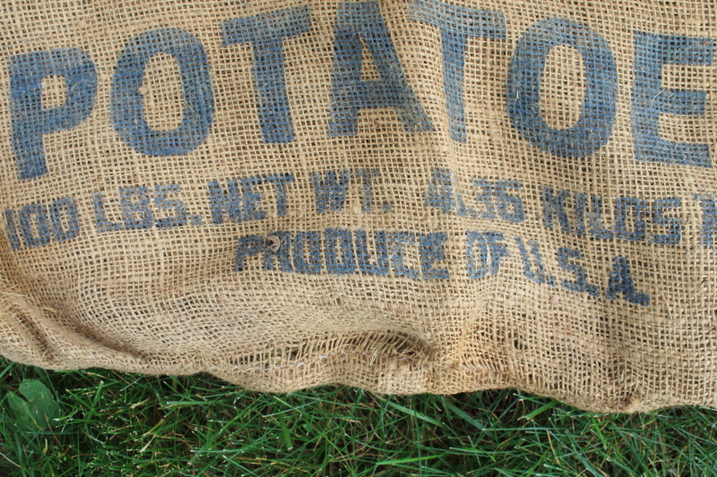 photo of vintage burlap bags, mixed lot old potato sacks w/ farm labels, print graphics #14