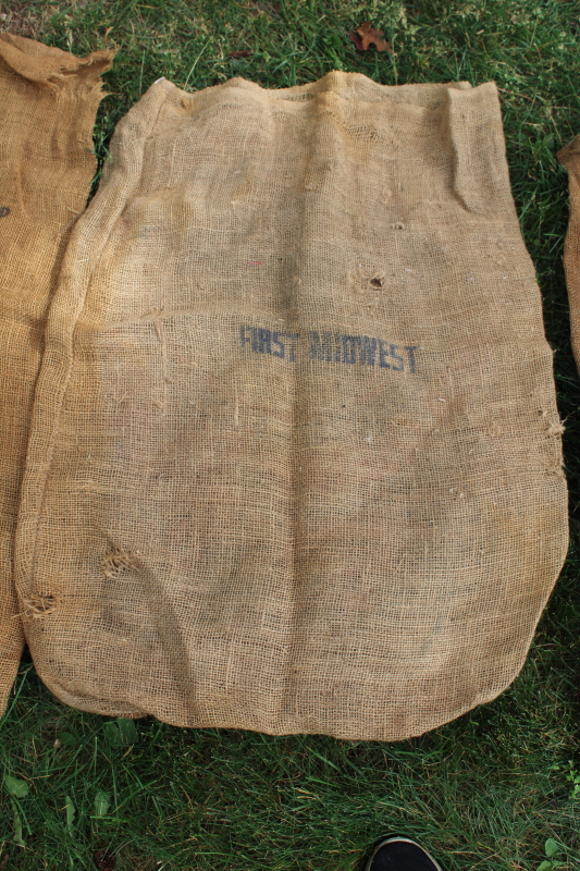 photo of vintage burlap bags, mixed lot old potato sacks w/ farm labels, print graphics #15