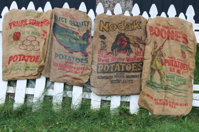 photo of vintage burlap bags, mixed lot old potato sacks w/ farm labels, print graphics #1