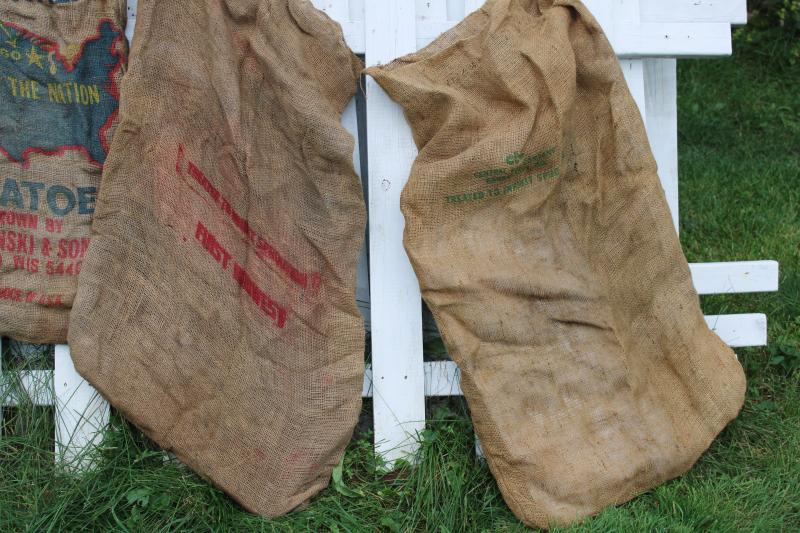 photo of vintage burlap bags, mixed lot old potato sacks w/ farm labels, print graphics #2