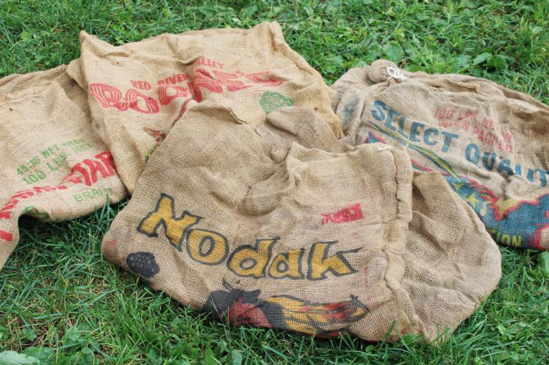 photo of vintage burlap bags, mixed lot old potato sacks w/ farm labels, print graphics #5