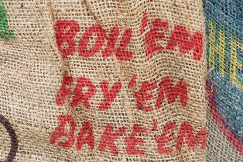 photo of vintage burlap bags, mixed lot old potato sacks w/ farm labels, print graphics #6