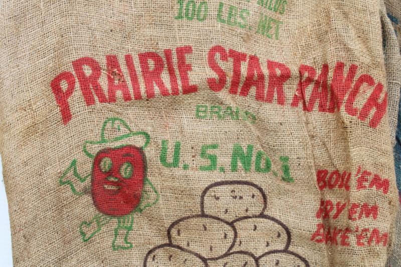 photo of vintage burlap bags, mixed lot old potato sacks w/ farm labels, print graphics #7