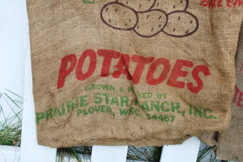 photo of vintage burlap bags, mixed lot old potato sacks w/ farm labels, print graphics #8