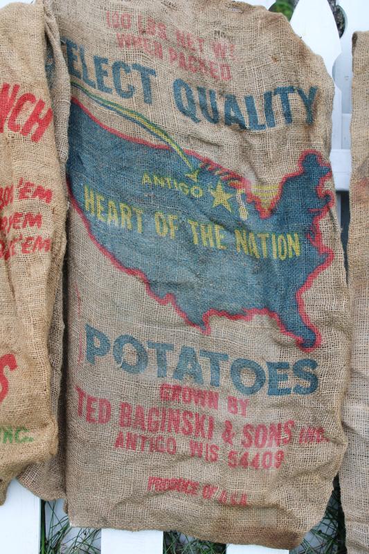 photo of vintage burlap bags, mixed lot old potato sacks w/ farm labels, print graphics #9