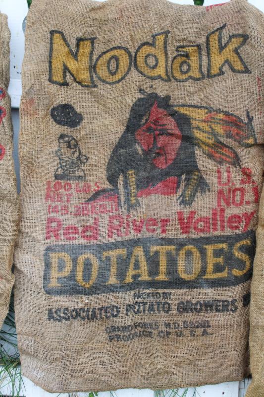 photo of vintage burlap bags, mixed lot old potato sacks w/ farm labels, print graphics #10