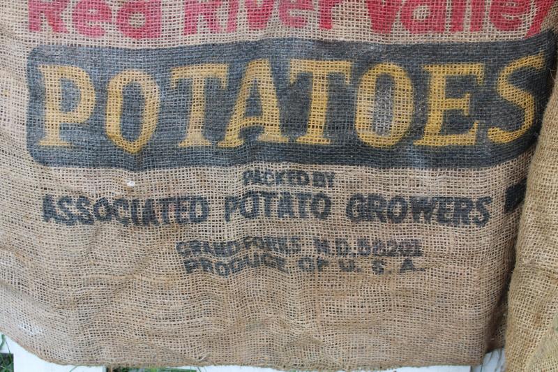 photo of vintage burlap bags, mixed lot old potato sacks w/ farm labels, print graphics #11