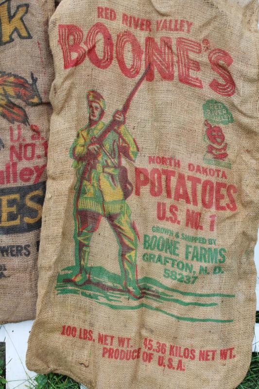 photo of vintage burlap bags, mixed lot old potato sacks w/ farm labels, print graphics #13